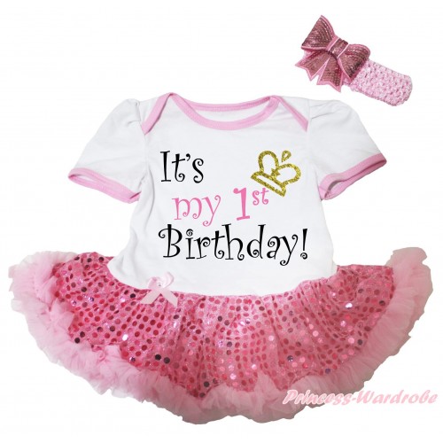 White Baby Bodysuit Sparkle Light Pink Sequins Pettiskirt & It's My 1st Birthday Painting JS5633