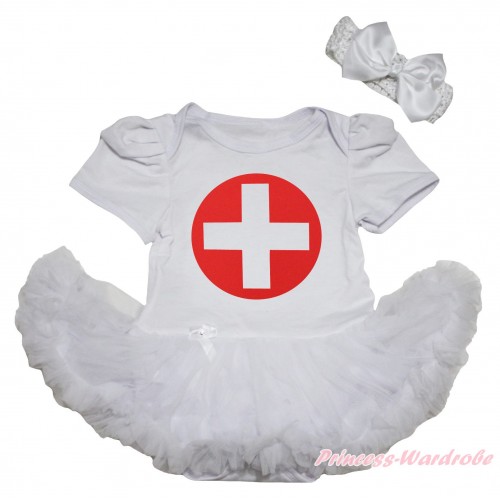 White Baby Bodysuit White Pettiskirt & Nurse Print JS5636