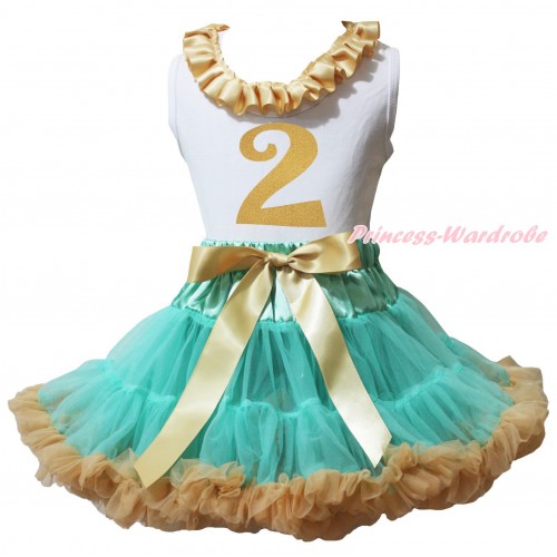 White Tank Top Goldenrod Lacing & 2nd Sparkle Birthday Number Painting & Aqua Blue Goldenrod Pettiskirt MG2350