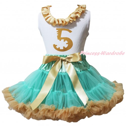 White Tank Top Goldenrod Lacing & 5th Sparkle Birthday Number Painting & Aqua Blue Goldenrod Pettiskirt MG2353