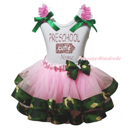 White Pettitop Hot Pink Ruffles Kelly Green Bow & Sparkle PRESCHOOL Cutie Name Painting & Light Pink Camouflage Trimmed Pettiskirt MG2357