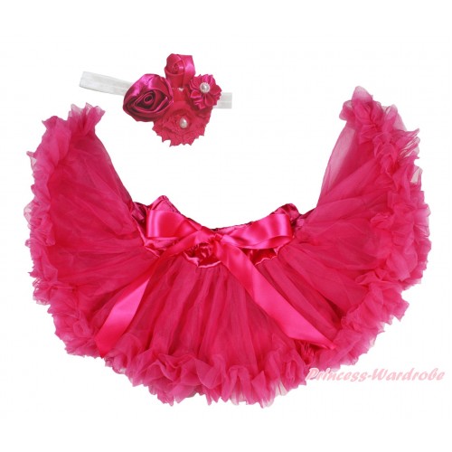 Hot Pink Newborn Pettiskirt & White Headband & Bunch Of Hot Pink Vintage Garden Pearl Rosettes Flower N305