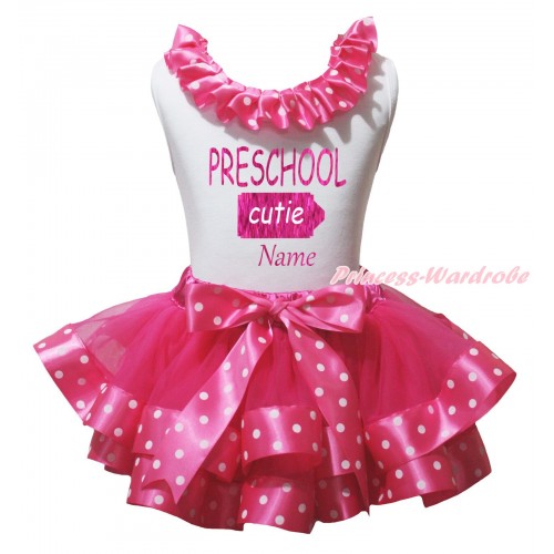 White Baby Pettitop Hot Pink White Dots Lacing & Sparkle PRESCHOOL Cutie Name Painting & Hot Pink White Dots Trimmed Baby Pettiskirt NG2183