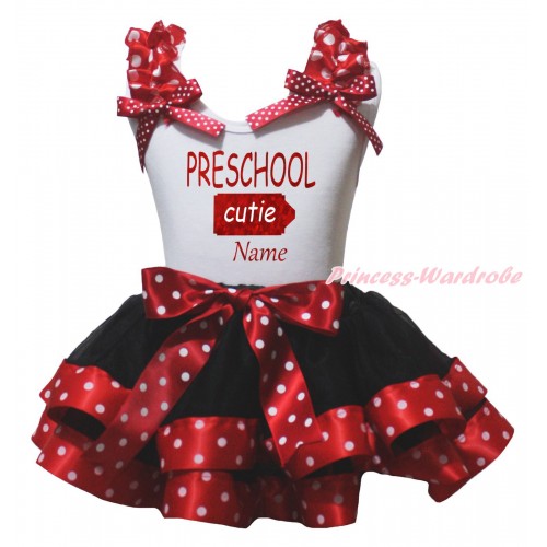 White Baby Pettitop Minnie Dots Ruffles Bow & Sparkle PRESCHOOL Cutie Name Painting & Black Minnie Dots Trimmed Baby Pettiskirt NG2185