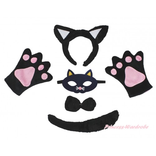 Black Cat 4 Piece Set in Headband, Tie, Tail , Paw & Face Eyes Mask PC172