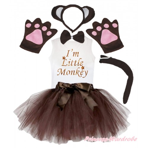 I'm Little Monkey Print White Tank Top & 4 Piece Set & Dark Brown Bow Ballet Tutu Costume Set PC189