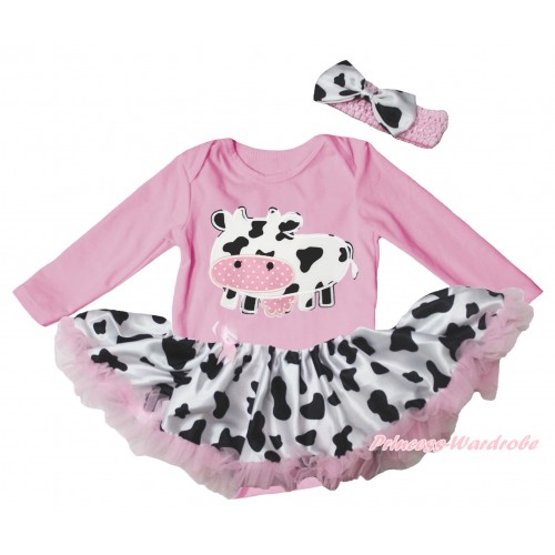 Light Pink Long Sleeve Baby Bodysuit Jumpsuit & Milk Cow Print & Light Pink Milk Cow Pettiskirt & Light Pink Headband Milk Cow Satin Bow JS5766