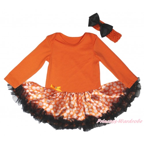 Orange Long Sleeve Baby Bodysuit Jumpsuit & Orange White Dots Black Pettiskirt & Orange Headband Black Satin Bow JS5775