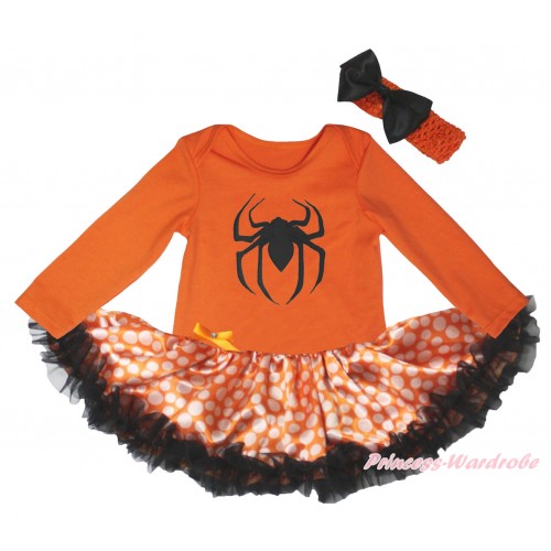 Halloween Orange Long Sleeve Baby Bodysuit Jumpsuit & Spider Print & Orange White Dots Black Pettiskirt & Orange Headband Black Satin Bow JS5778