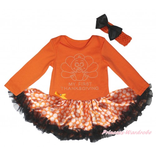 Thanksgiving Orange Long Sleeve Baby Bodysuit Jumpsuit & Rhinestone Baby Turkey Print & Orange White Dots Black Pettiskirt & Orange Headband Black Satin Bow JS5779