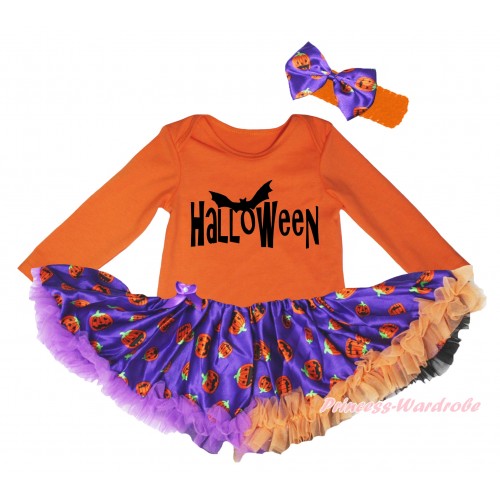 Halloween Orange Long Sleeve Baby Bodysuit Jumpsuit & Halloween Painting & Dark Purple Orange Black Pumpkin Pettiskirt & Orange Headband Dark Purple Orange Pumpkin Satin Bow JS5789