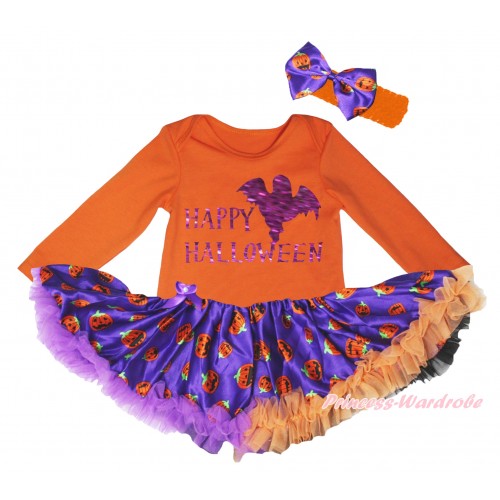 Halloween Orange Long Sleeve Baby Bodysuit Jumpsuit & Sparkle Happy Halloween Painting & Dark Purple Orange Black Pumpkin Pettiskirt & Orange Headband Dark Purple Orange Pumpkin Satin Bow JS5790