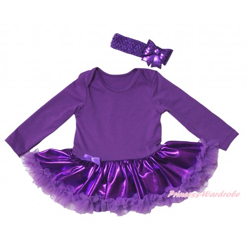 Dark Purple Long Sleeve Baby Bodysuit Jumpsuit & Dark Purple Pettiskirt & Dark Purple Headband Sequins Bow JS5794