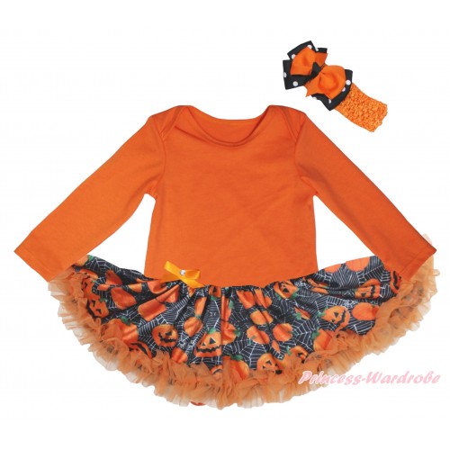 Halloween Orange Long Sleeve Baby Bodysuit Jumpsuit & Spider Web Pumpkin Pettiskirt & Orange Headband Black White Dots Orange Bow JS5801
