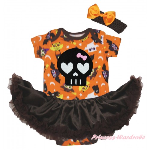 Halloween Orange Night Owl Baby Bodysuit Brown Pettiskirt & Black Skeleton Print JS5814