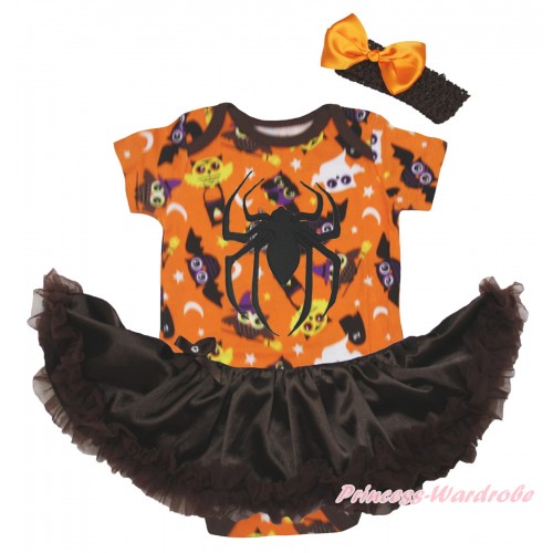Halloween Orange Night Owl Baby Bodysuit Brown Pettiskirt & Spider Print JS5817