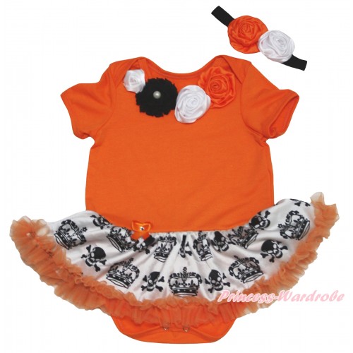 Halloween Orange Baby Bodysuit Crown Skeleton Pettiskirt & Black White Orange Vintage Garden Rosettes Lacing JS5826