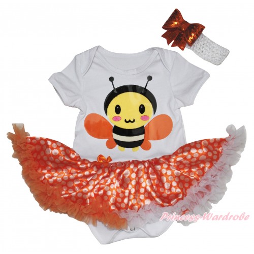 White Baby Bodysuit Orange White Dots Pettiskirt & Bumble Bee Print JS5831
