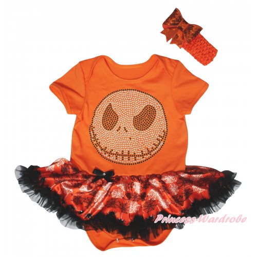 Halloween Orange Baby Bodysuit Orange Black Spider Web Pettiskirt & Rhinestone Jack Print JS5847