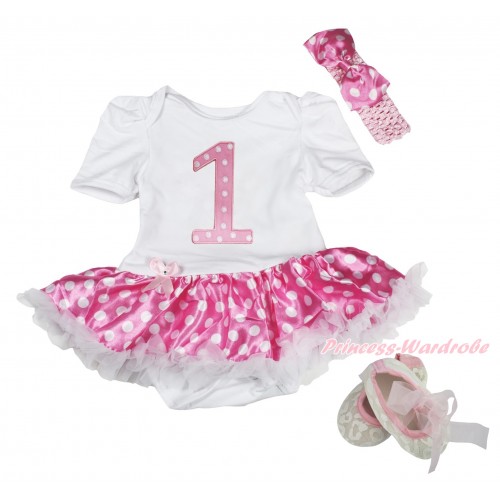White Baby Bodysuit Hot Pink White Dots Pettiskirt & 1st Hot Pink White Birthday Number Print & Light Pink Ribbon Beige Leopard Shoes JS5855