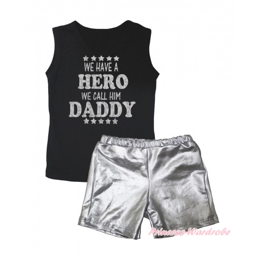 Black Tank Top Sparkle We Have A Hero We Call Him Daddy Painting & Silver Grey Girls Pantie Set MG2465