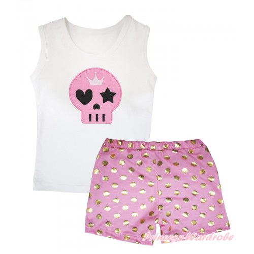 Halloween White Tank Top Light Pink Skeleton Print & Light Pink Gold Dots Girls Pantie Set MG2492