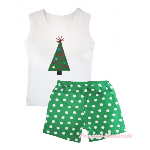 Christmas White Tank Top Christmas Tree Print & Kelly Green White Dots Girls Pantie Set MG2506