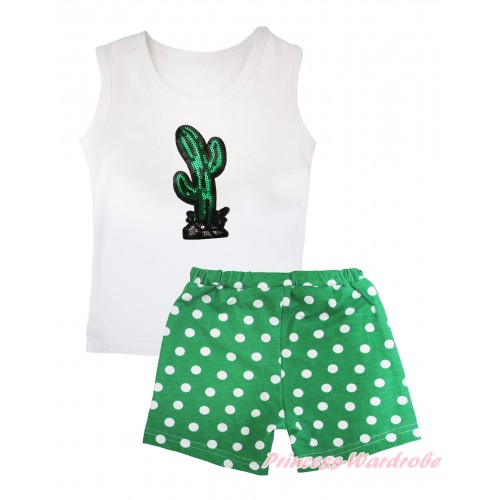 Cinco De Mayo White Tank Top Sparkle Sequins Cactus Print & Kelly Green White Dots Girls Pantie Set MG2509