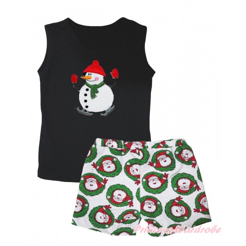 Christmas Black Tank Top Ice-Skating Snowman Print & Xmas Santa Claus Girls Pantie Set MG2519