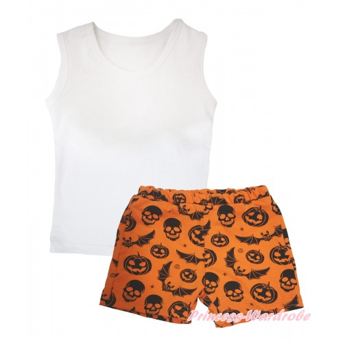 Halloween White Tank Top & Orange Pumpkin Bat Skeleton Girls Pantie Set MG2523