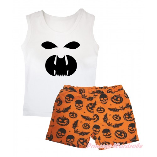 Halloween White Tank Top Black Ghost Face Painting & Orange Pumpkin Bat Skeleton Girls Pantie Set MG2526