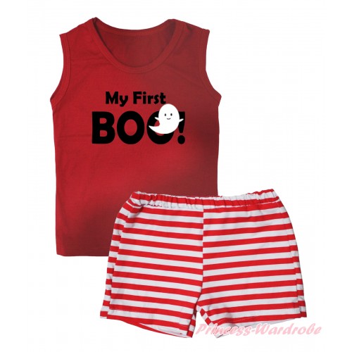 Halloween Red Tank Top My First Boo! White Ghost Painting & Red White Striped Girls Pantie Set MG2533