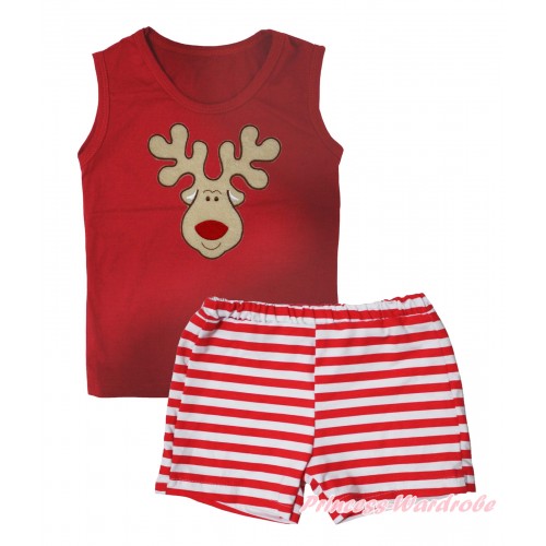 Christmas Red Tank Top Christmas Reindeer Print & Red White Striped Girls Pantie Set MG2535