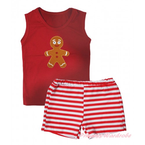 Christmas Red Tank Top Brown Gingerbread Print & Red White Striped Girls Pantie Set MG2536