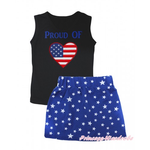 American's Birthday Black Tank Top PROUD OF American Heart Painting & Royal Blue White Star Girls Skirt Set MG2544