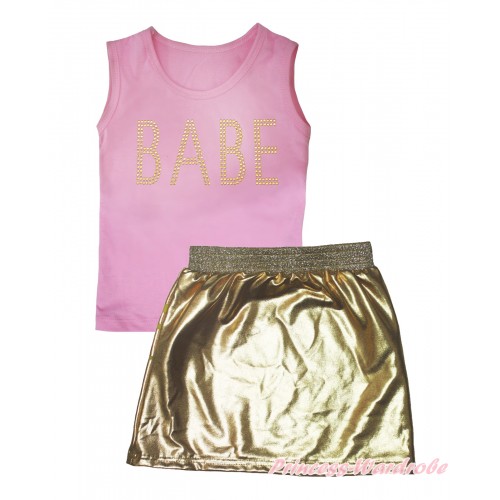 Light Pink Tank Top Sparkle Rhinestone BABE Print & Gold Girls Skirt Set MG2550