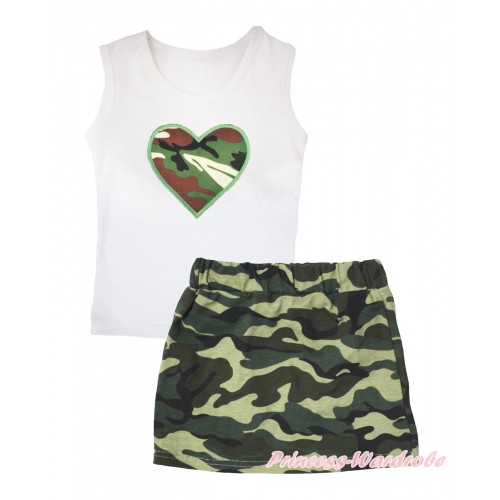 White Tank Top Camouflage Heart Print & Camouflage Girls Skirt Set MG2562