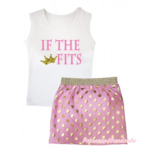White Tank Top IF THE CROWN FITS Painting & Light Pink Gold Dots Girls Skirt Set MG2567