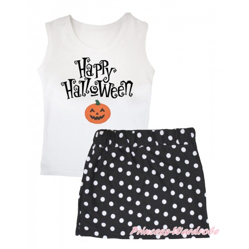 White Tank Top Happy Halloween Painting & Pumpkin Print & Black White Dots Girls Skirt Set MG2573