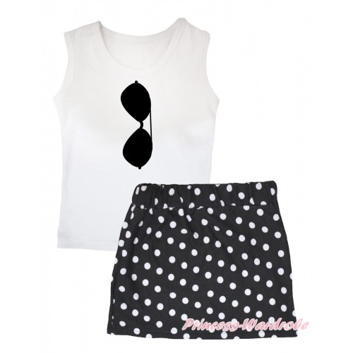 White Tank Top Black Glasses Painting & Black White Dots Girls Skirt Set MG2574