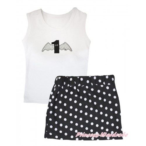 White Tank Top 1st Wings Print & Black White Dots Girls Skirt Set MG2575
