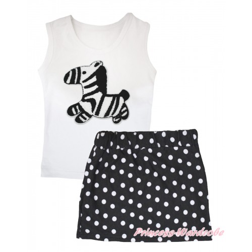 White Tank Top Zebra Print & Black White Dots Girls Skirt Set MG2577