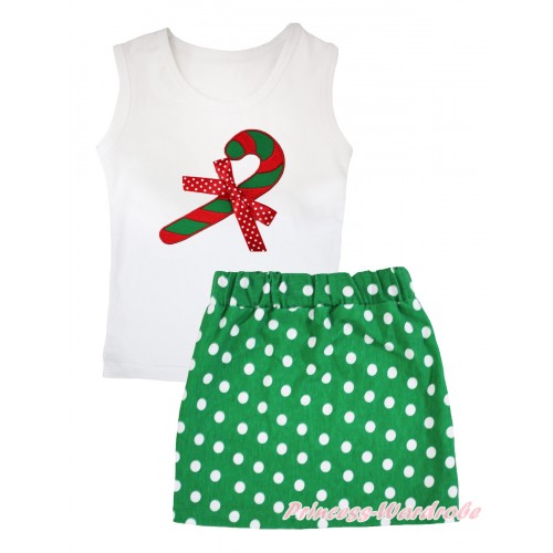 Christmas White Tank Top Christmas Stick Print & Kelly Green White Dots Girls Skirt Set MG2580
