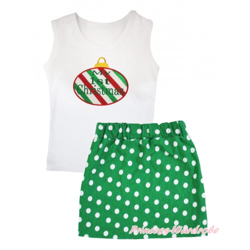 Christmas White Tank Top Red White Green Striped Christmas Lights Print & Kelly Green White Dots Girls Skirt Set MG2584