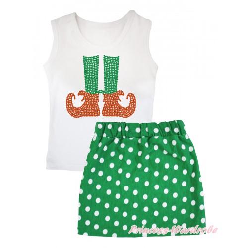 Christmas White Tank Top Sparkle Rhinestone Elf Socks Print & Kelly Green White Dots Girls Skirt Set MG2587