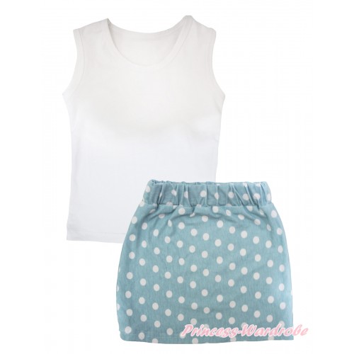 White Tank Top & Light Blue White Dots Girls Skirt Set MG2588