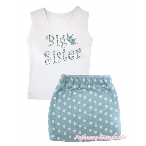 White Tank Top Sparkle Big Sister Painting & Light Blue White Dots Girls Skirt Set MG2590