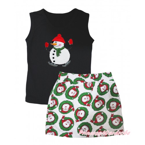 Christmas Black Tank Top Ice-Skating Snowman Print & Xmas Santa Claus Girls Skirt Set MG2595