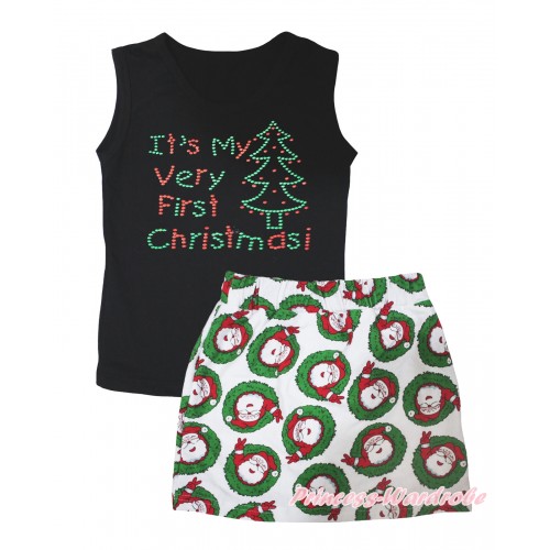 Christmas Black Tank Top Sparkle Rhinestone It's My Very First Christmas Print & Xmas Santa Claus Girls Skirt Set MG2598