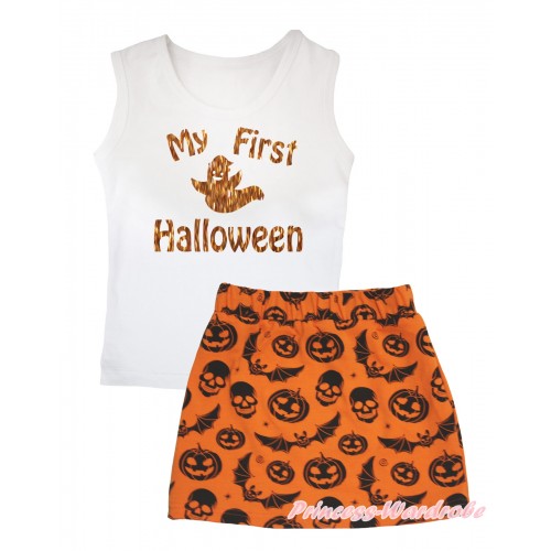 Halloween White Tank Top Sparkle My First Halloween Ghost Painting & Orange Pumpkin Bat Skeleton Girls Skirt Set MG2601
